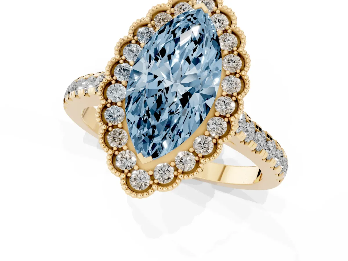 Fancy Blue Marquise Cut Cut Diamond Milgrain Floral Halo Engagement Ring with Pavé Band Yellow gold
