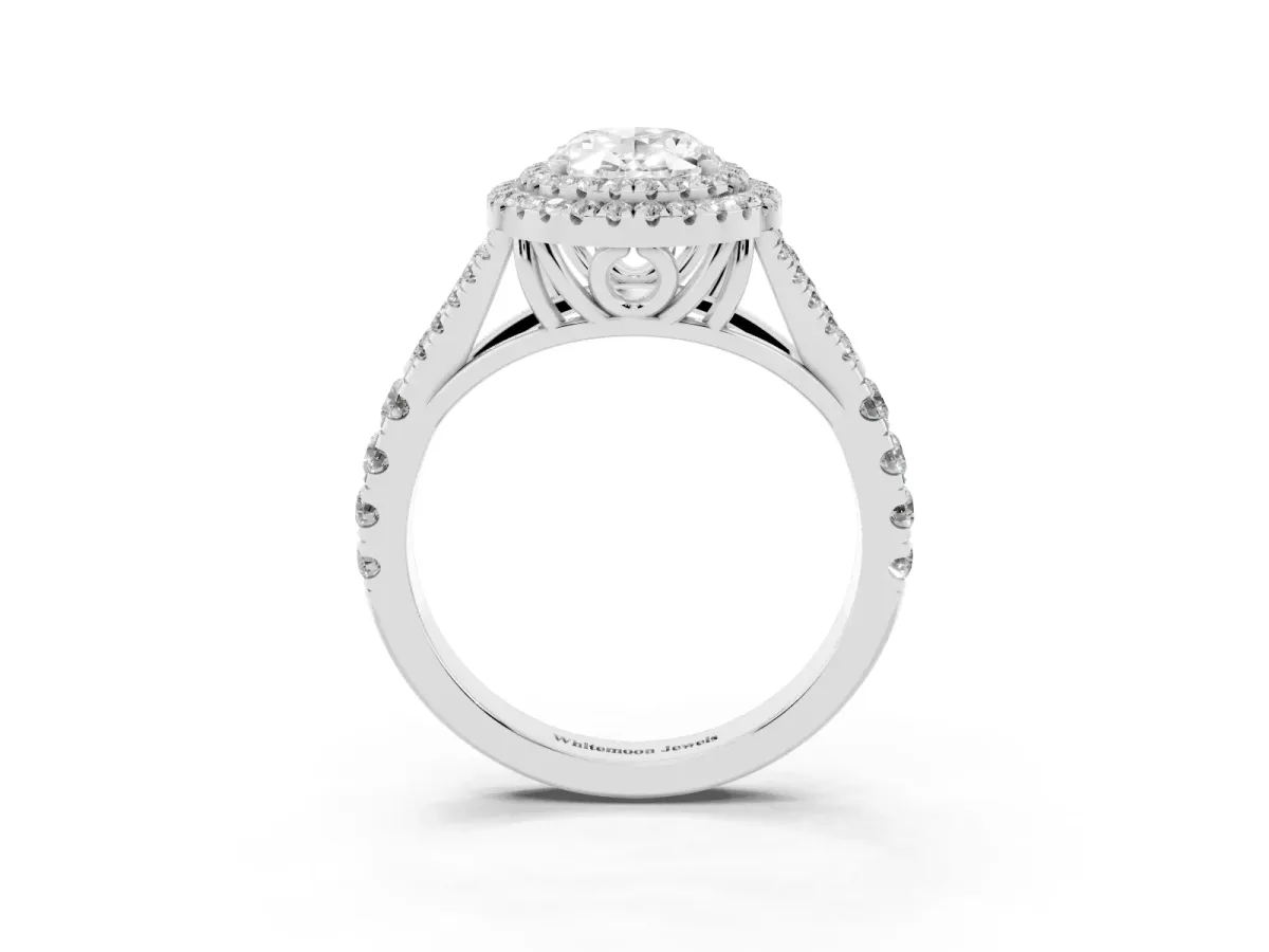 Double Halo Oval Cut Diamond Split Shank Engagement Ring with Four-Prong Setting Silver