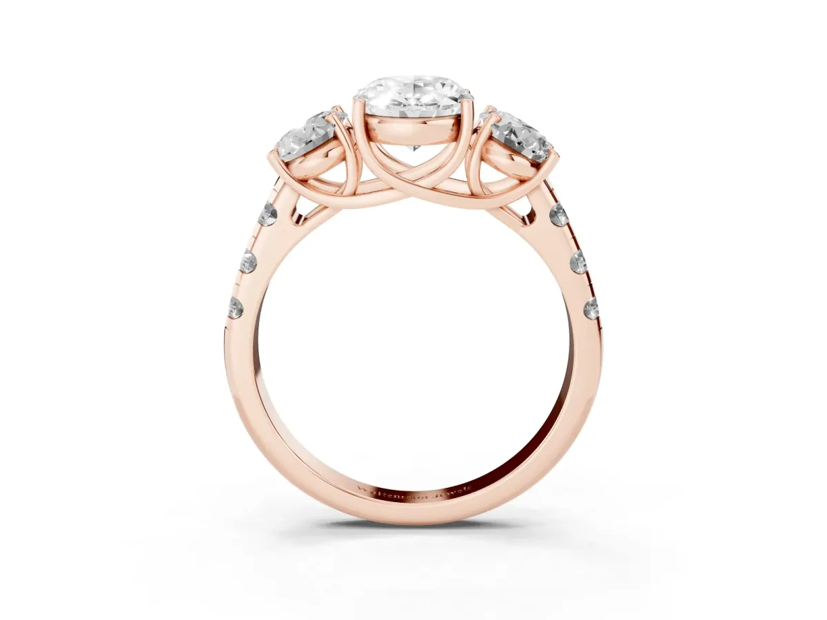 Three-Stone Oval Cut Diamond Pavé Band with Prong Setting Rose gold
