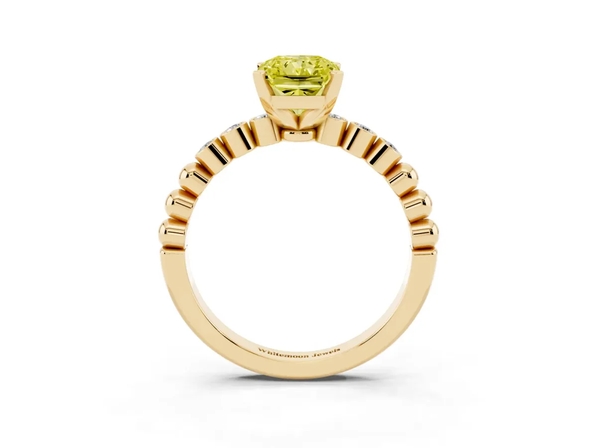 Fancy Yellow Radiant Cut Solitaire Bezel Accent Diamond Engagement Ring with Beaded Band and Four-Prong Setting Yellow gold
