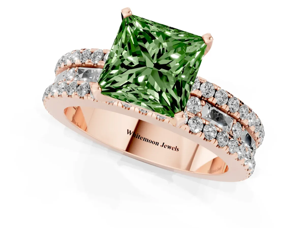 Fancy Green Princess Cut Diamond Solitaire Ring with Pavé and Channel Set Band Rose gold