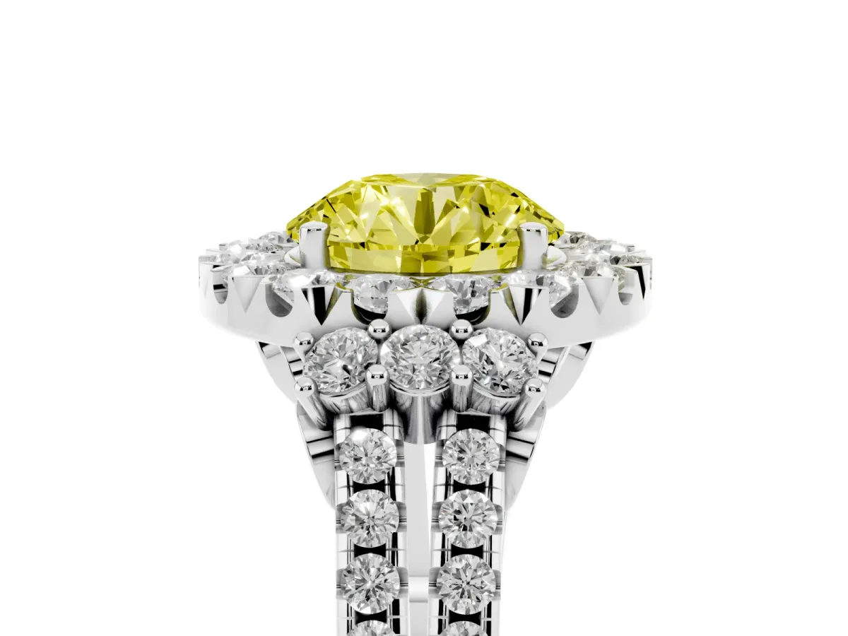 Fancy Yellow Round Cut Cut Double Halo Diamond Engagement Ring with Pave Band and Four-Prong Setting Platinum