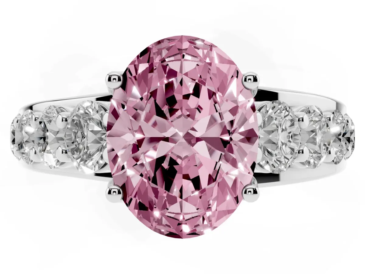 Fancy Pink Oval Cut Diamond Engagement Ring with Pavé Band and Four-Prong Setting Platinum