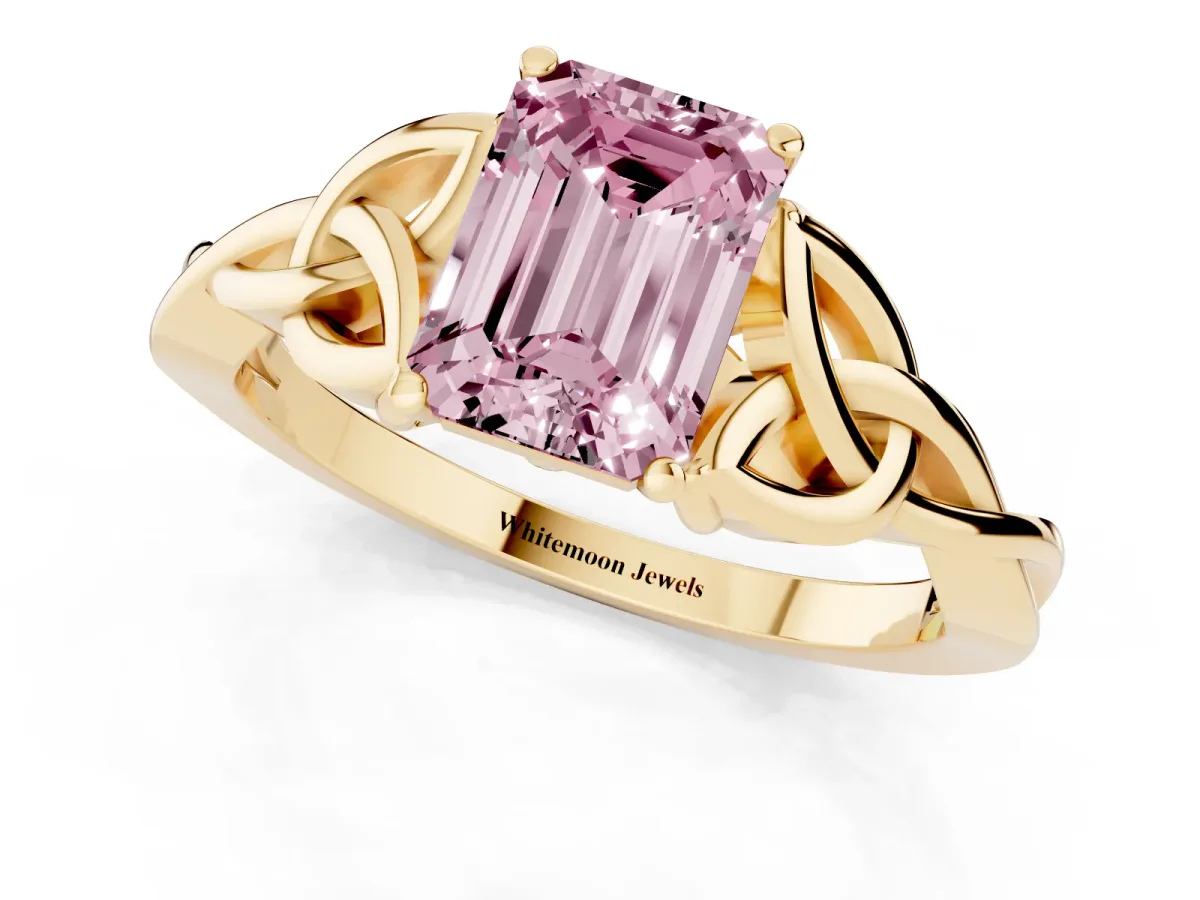 Fancy Pink Emerald Cut Diamond Solitaire Engagement Ring with Celtic Knot Band and Four-Prong Setting Yellow gold