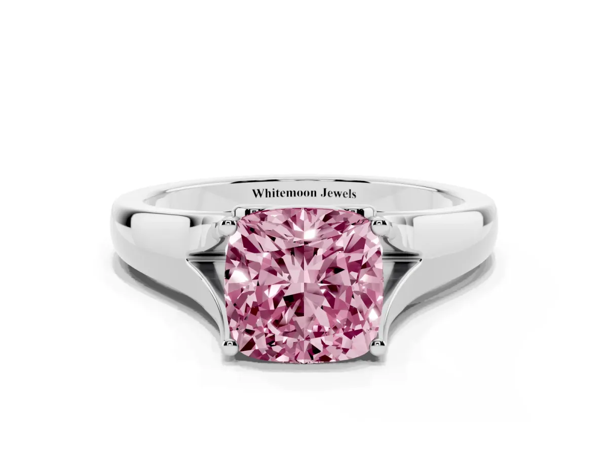 Fancy Pink Cushion Cut Solitaire Diamond Ring with Cathedral Band and Four-Prong Setting Silver