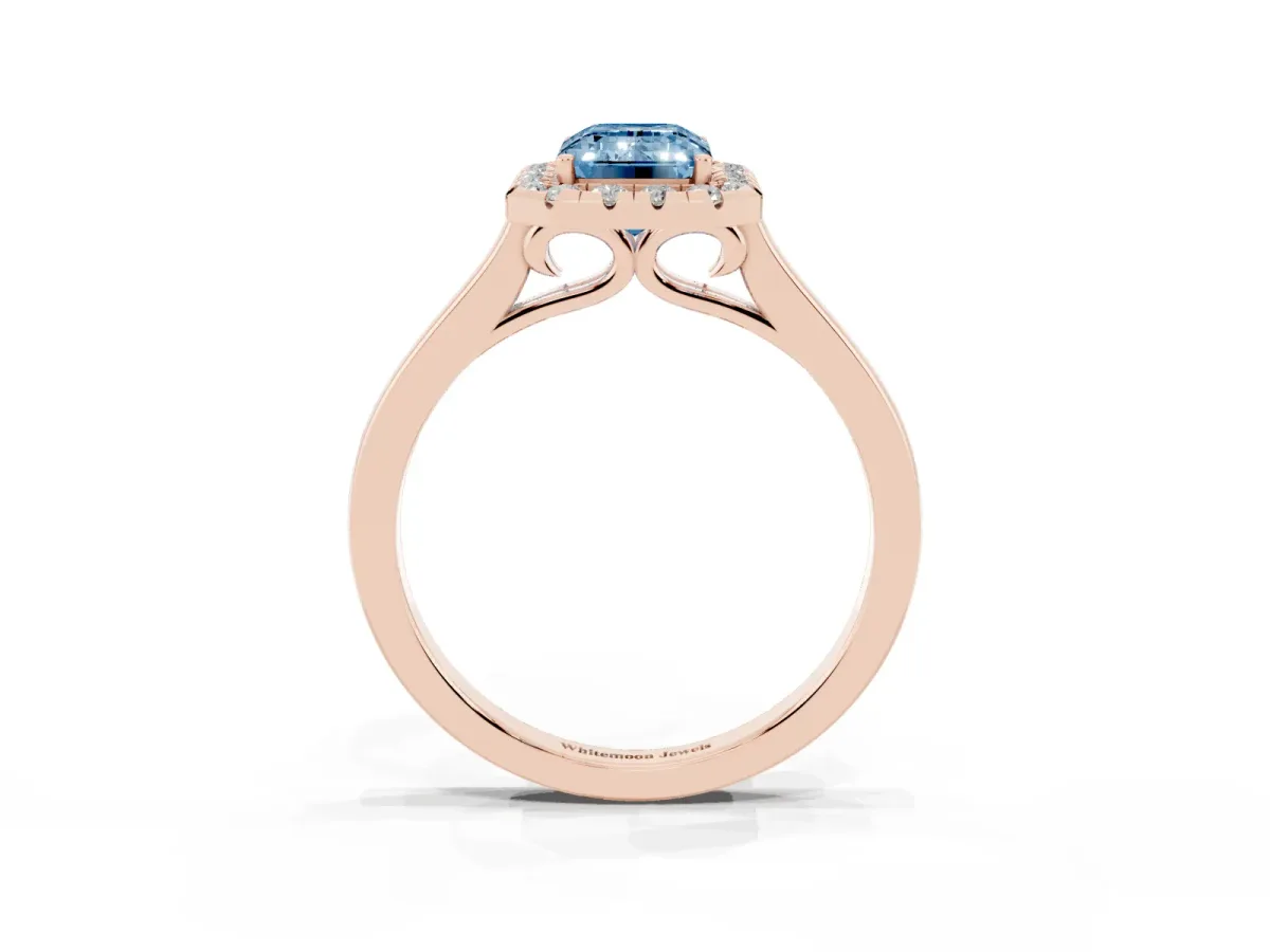 Fancy Blue Emerald Cut Halo Round Diamond Solitaire Ring with Pavé Band and Four-Prong Setting Rose gold