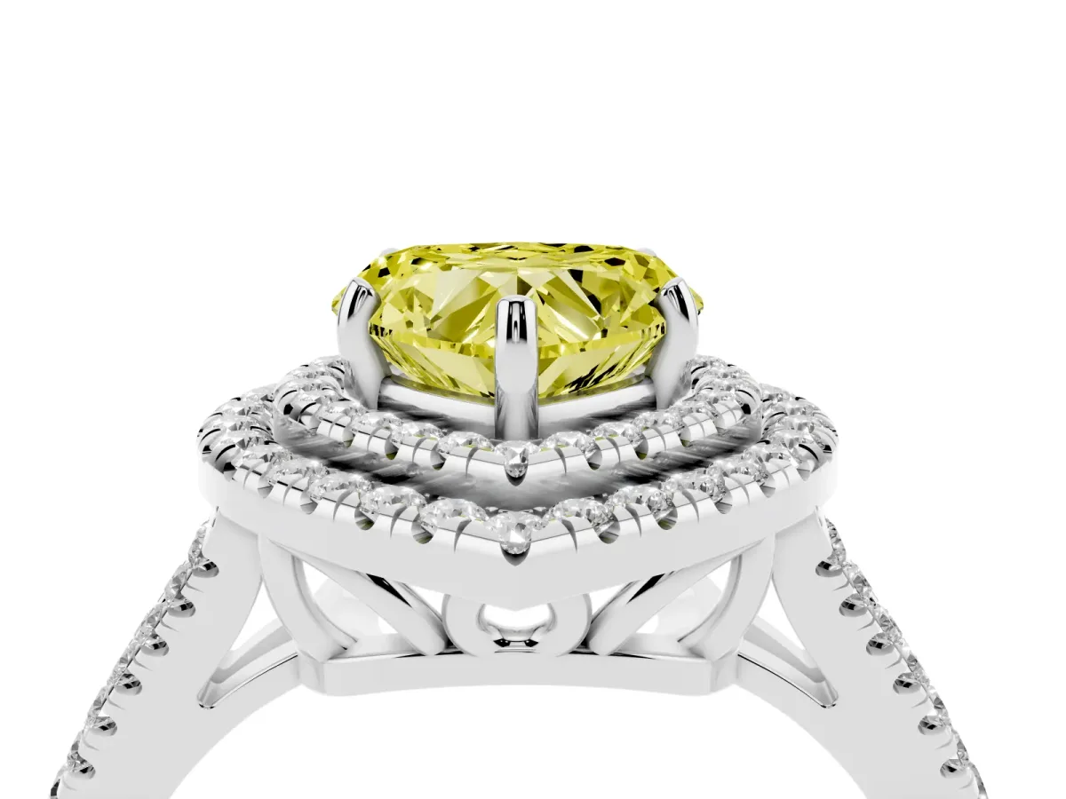 Fancy Yellow Heart Cut Diamond Double Halo Ring with Pavé Band and Prong Setting Platinum