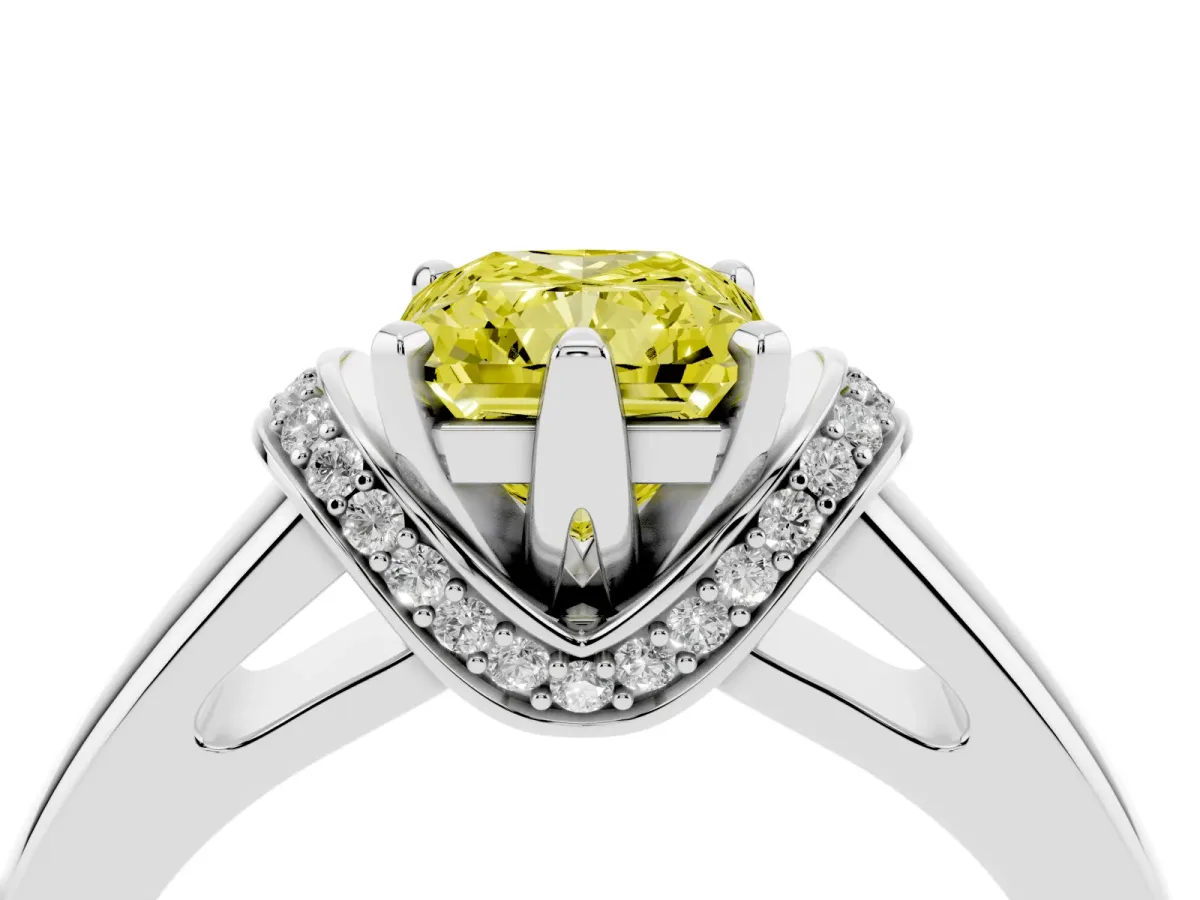 Fancy Yellow Radiant Cut Solitaire Diamond Ring with Pave Band and Six-Prong Setting Platinum
