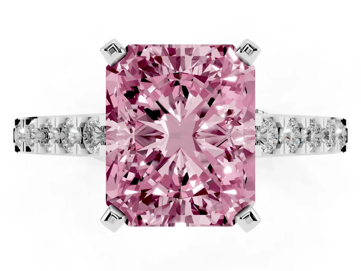 Fancy Pink Radiant Cut Diamond Solitaire Ring with Crossover Gallery and Round Pavé Band Platinum