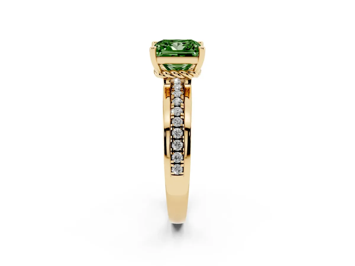 Fancy Green Princess Cut Solitaire Diamond Ring with Channel Set Band and Six-Prong Setting Yellow gold