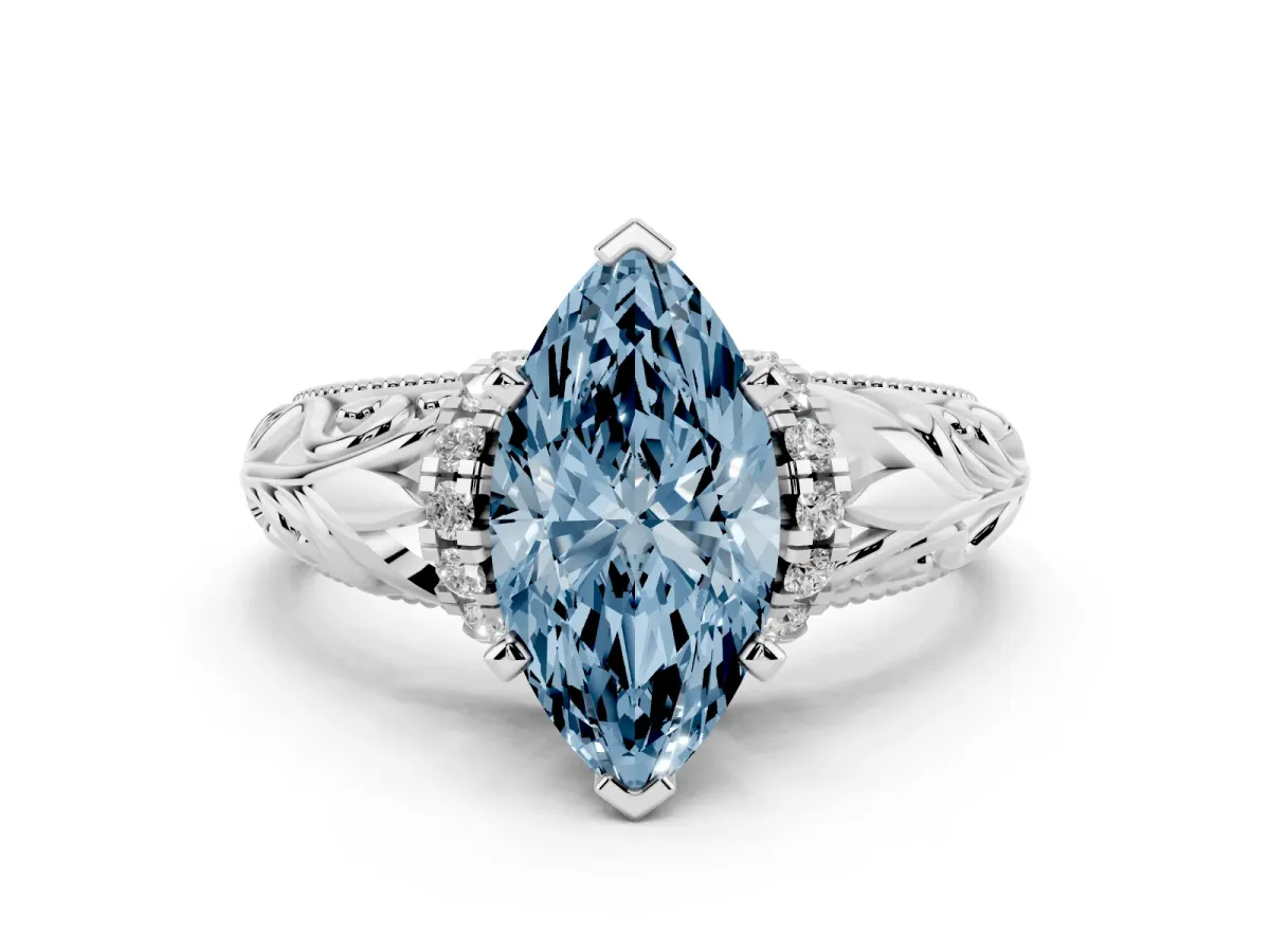 Fancy Blue Marquise Cut Solitaire Filigree Engagement Ring with Halo and Prong Setting Silver