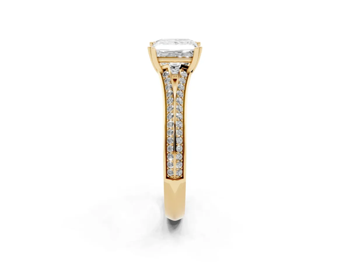 Princess Cut Diamond Split Shank Engagement Ring with Pavé Band Yellow gold