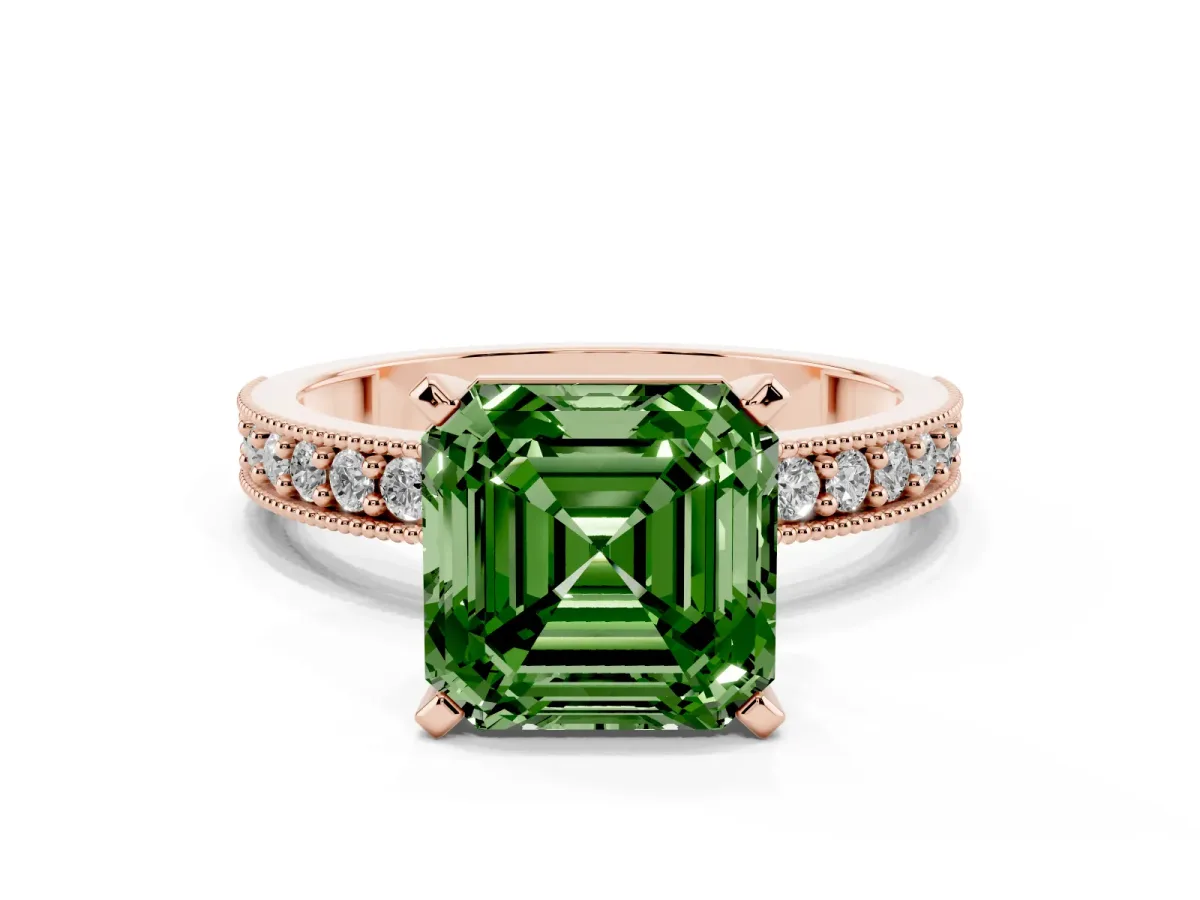 Fancy Green Asscher Cut Diamond Milgrain Pavé Engagement Ring with Four-Prong Setting Rose gold