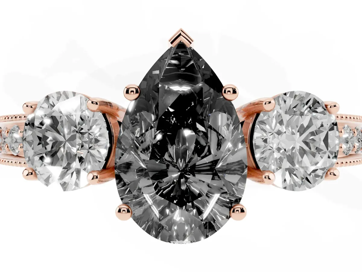 Fancy Black Pear Cut Three-Stone Diamond Ring with Pavé Band and Four-Prong Setting Rose gold