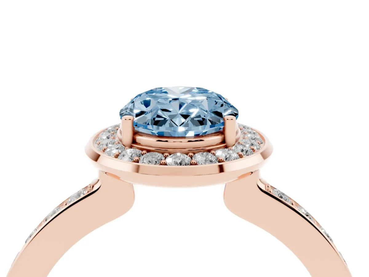 Fancy Blue Oval Cut Diamond Halo Ring with Bezel Frame and Pavé Band Rose gold