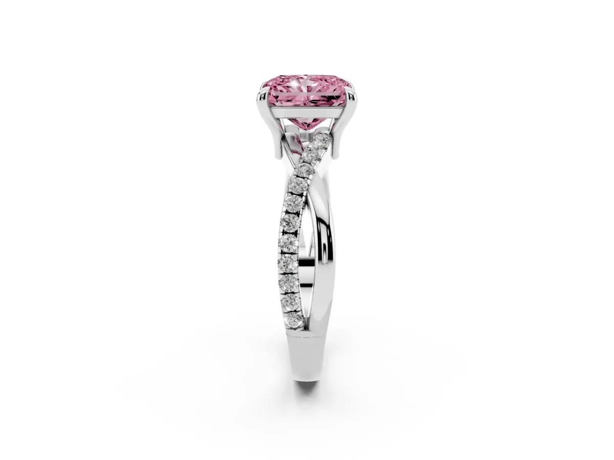 Fancy Pink Radiant Cut Cut Diamond Twist Band Solitaire with Prong Setting Silver