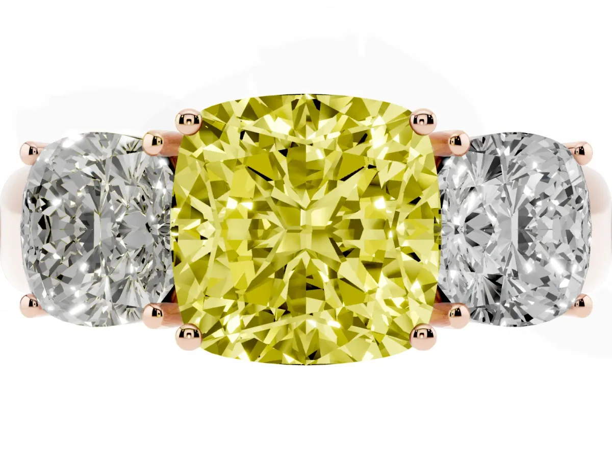 Fancy Yellow Three-Stone Cushion Cut Cut Diamond Ring with Prong Setting and Classic Band Rose gold