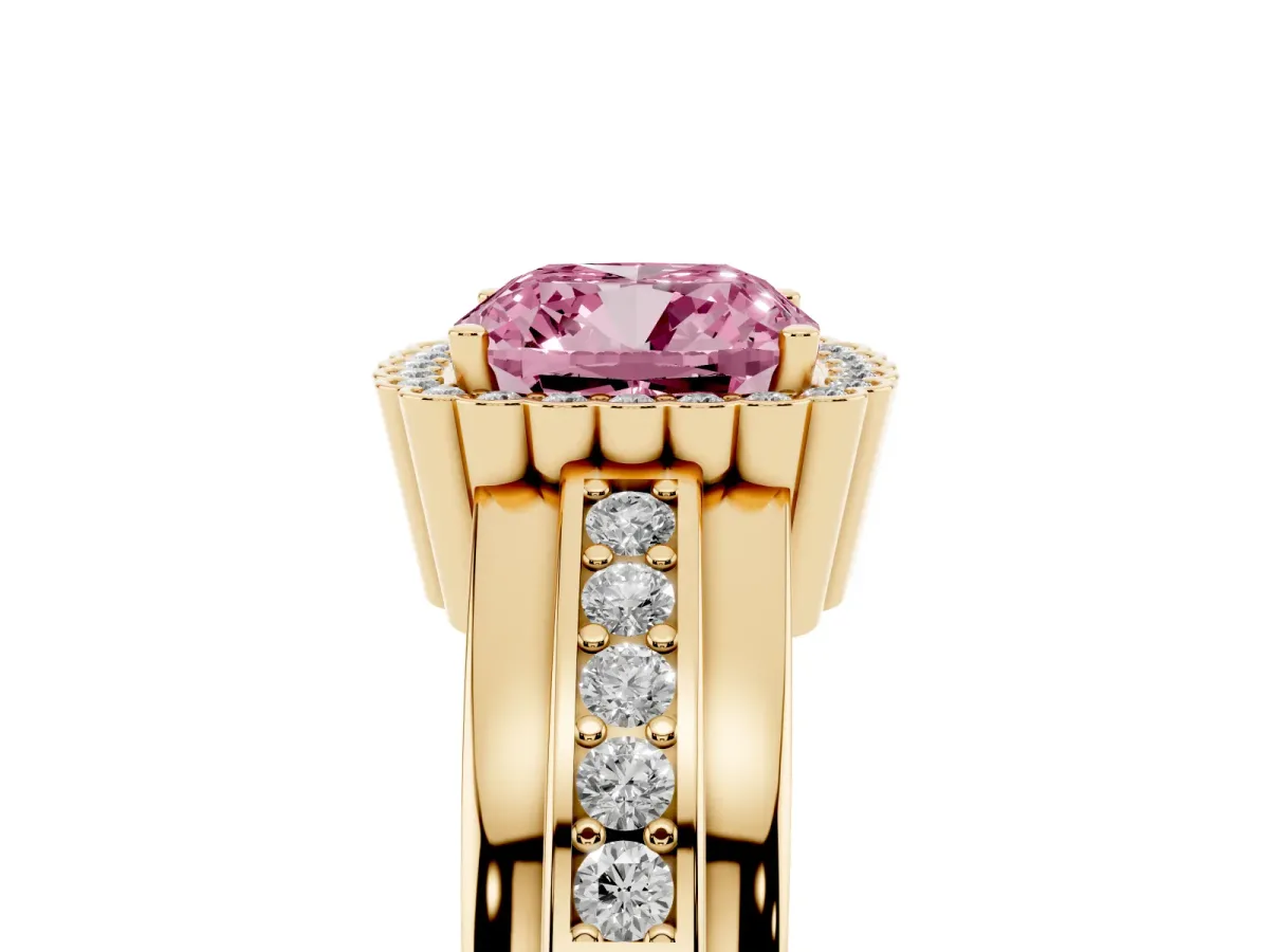 Fancy Pink Cushion Cut Cut Halo Pave Band Four-Prong Ring Yellow gold