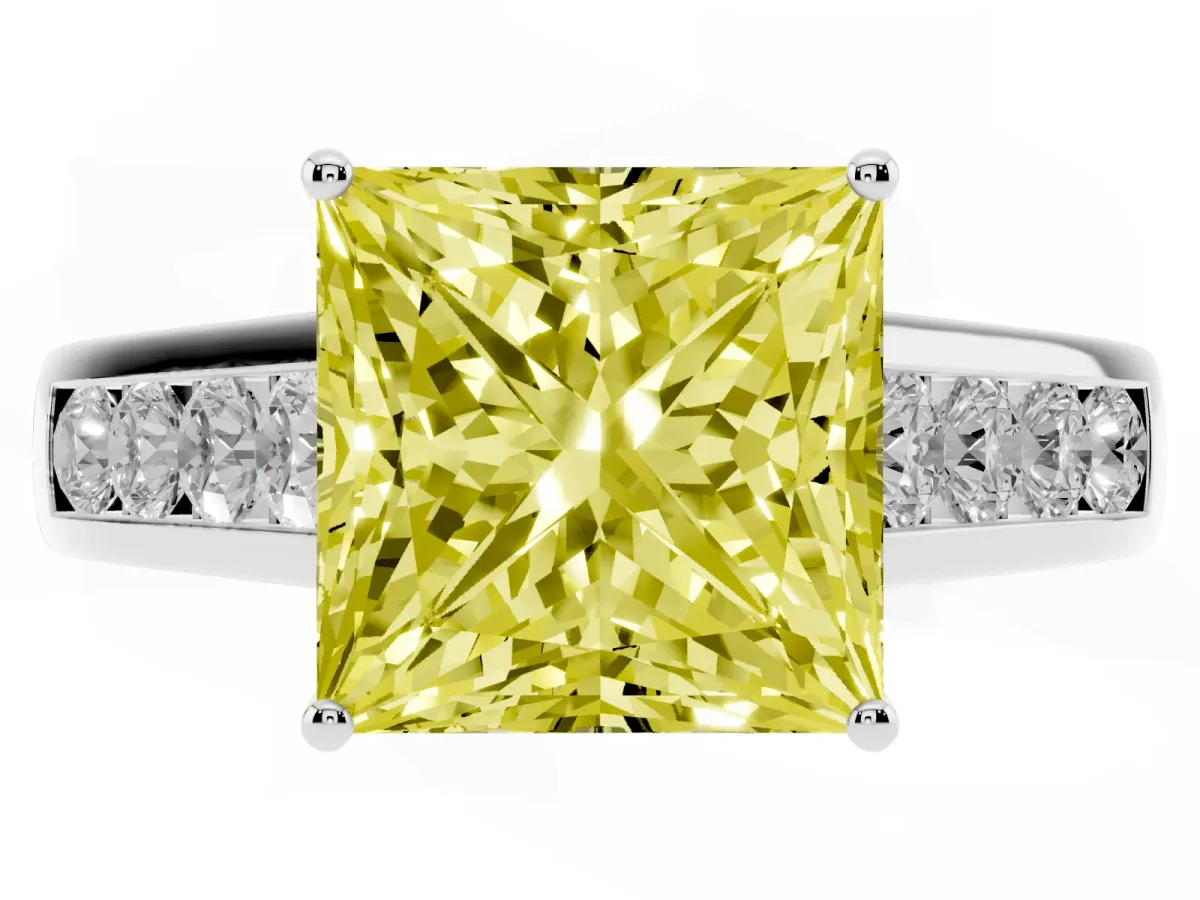 Fancy Yellow Princess Cut Brilliant Channel-Set Solitaire Ring with Four-Prong Setting Platinum
