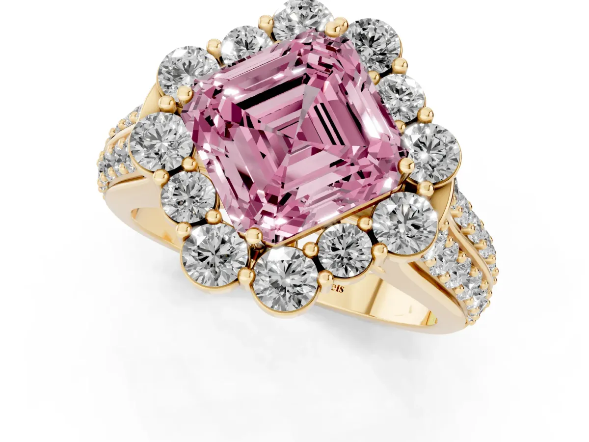 Fancy Pink Asscher Cut Halo Diamond Engagement Ring with Split Shank and Prong Setting Yellow gold
