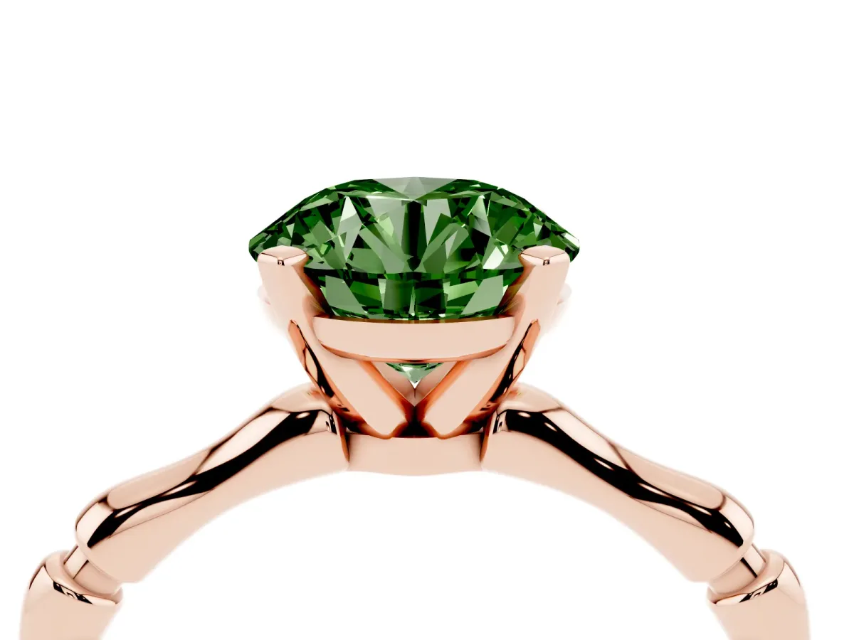Fancy Green Round Cut Solitaire Diamond Ring with Bamboo Band and Four-Prong Setting Rose gold