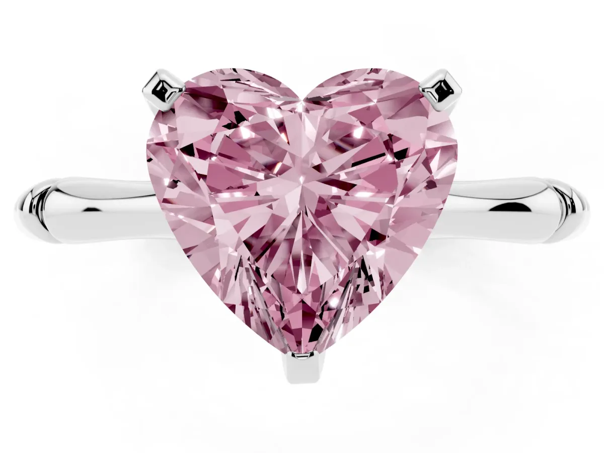 Fancy Pink Heart Cut Solitaire Diamond Ring with Bamboo Band and Four-Prong Setting Silver