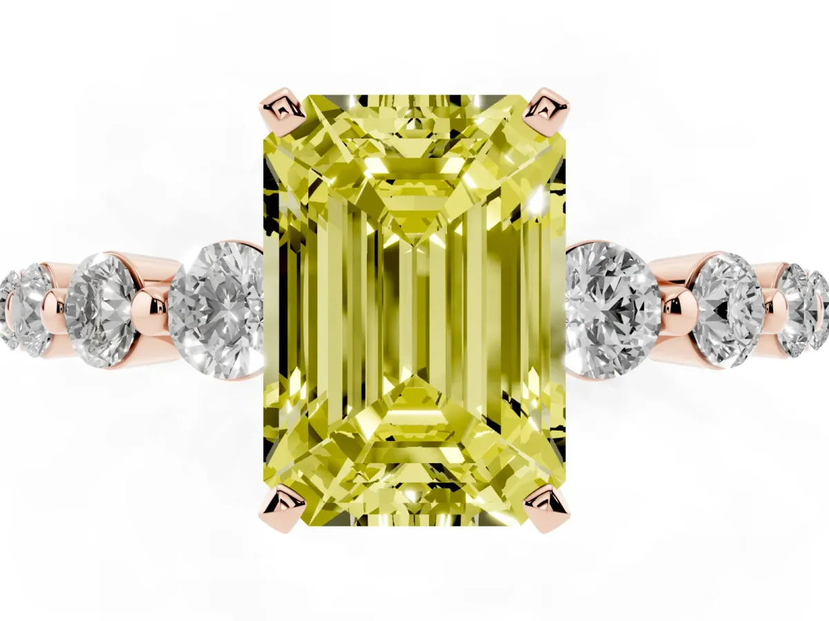 Fancy Yellow Emerald Cut Solitaire Diamond Ring with Pave Band and Four-Prong Setting Rose gold