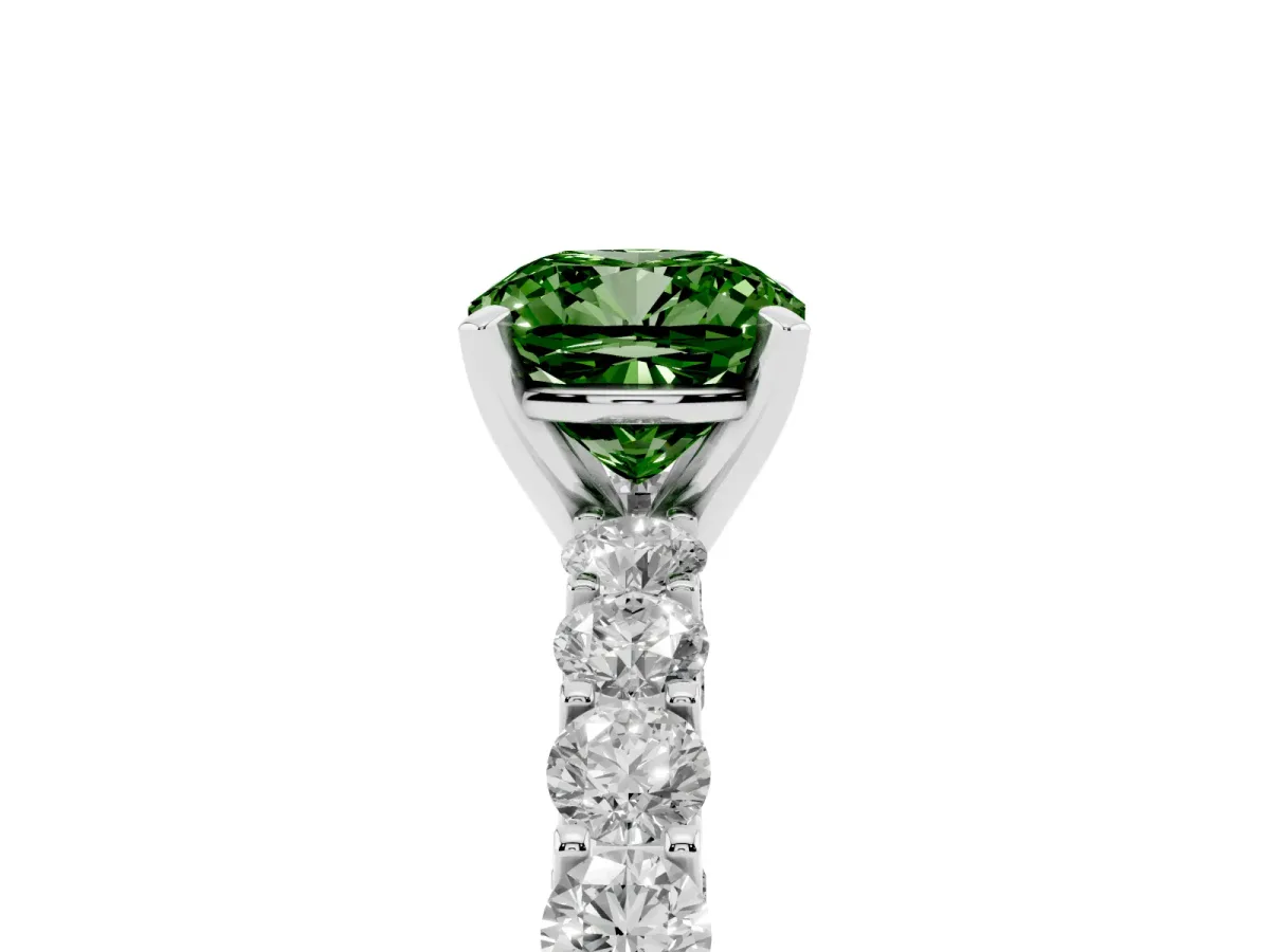 Fancy Green Cushion Cut Diamond Solitaire Ring with Shared Prong Pavé Band and Four-Prong Setting Silver