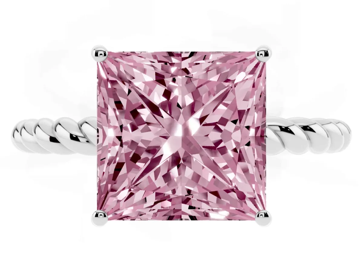 Fancy Pink Princess Cut Solitaire Twisted Band 4-Prong Ring Silver