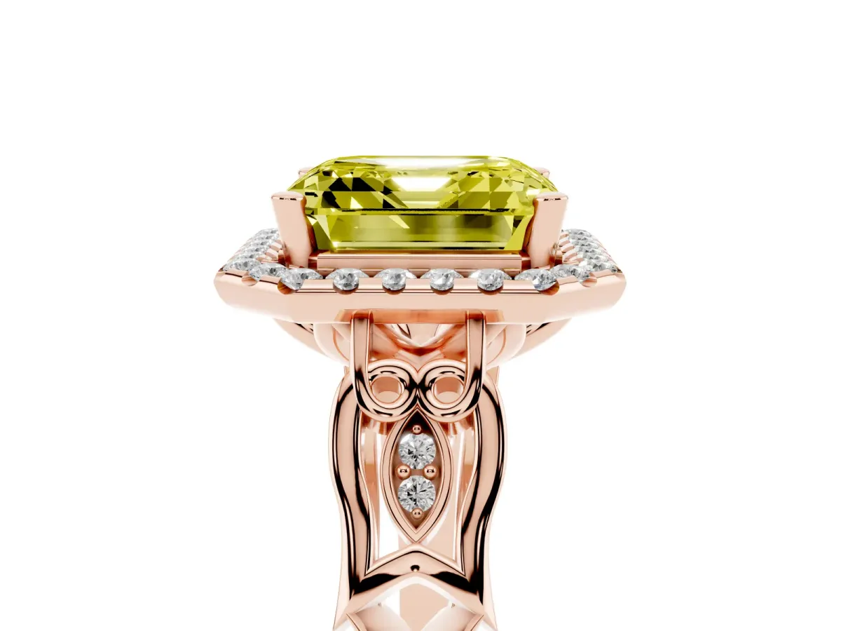 Fancy Yellow Asscher Cut Halo Diamond Engagement Ring with Filigree Band and Four-Prong Setting Rose gold