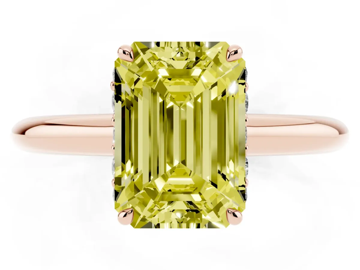 Fancy Yellow Emerald Cut Brilliant Solitaire Engagement Ring with Six-Prong Setting and Classic Band Rose gold