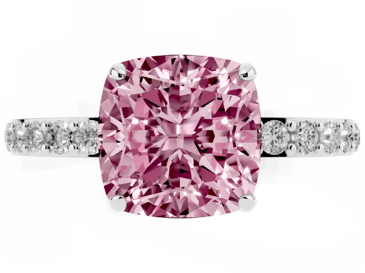 Fancy Pink Cushion Cut Diamond Pavé Engagement Ring with Round Accents and Prong Setting Silver