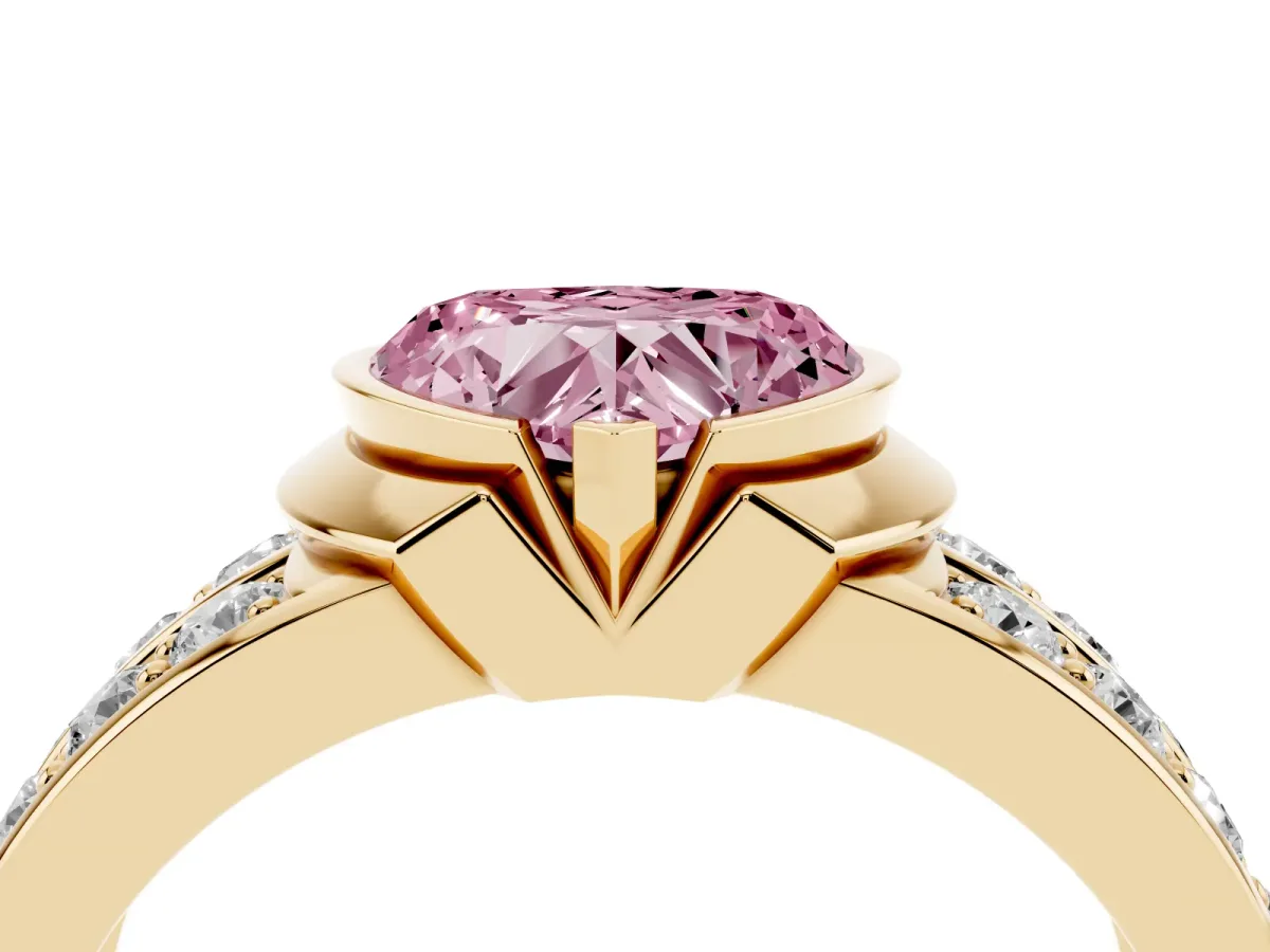 Fancy Pink Heart Cut Brilliant Diamond Channel Set Wide Band Ring with Bezel Setting Yellow gold