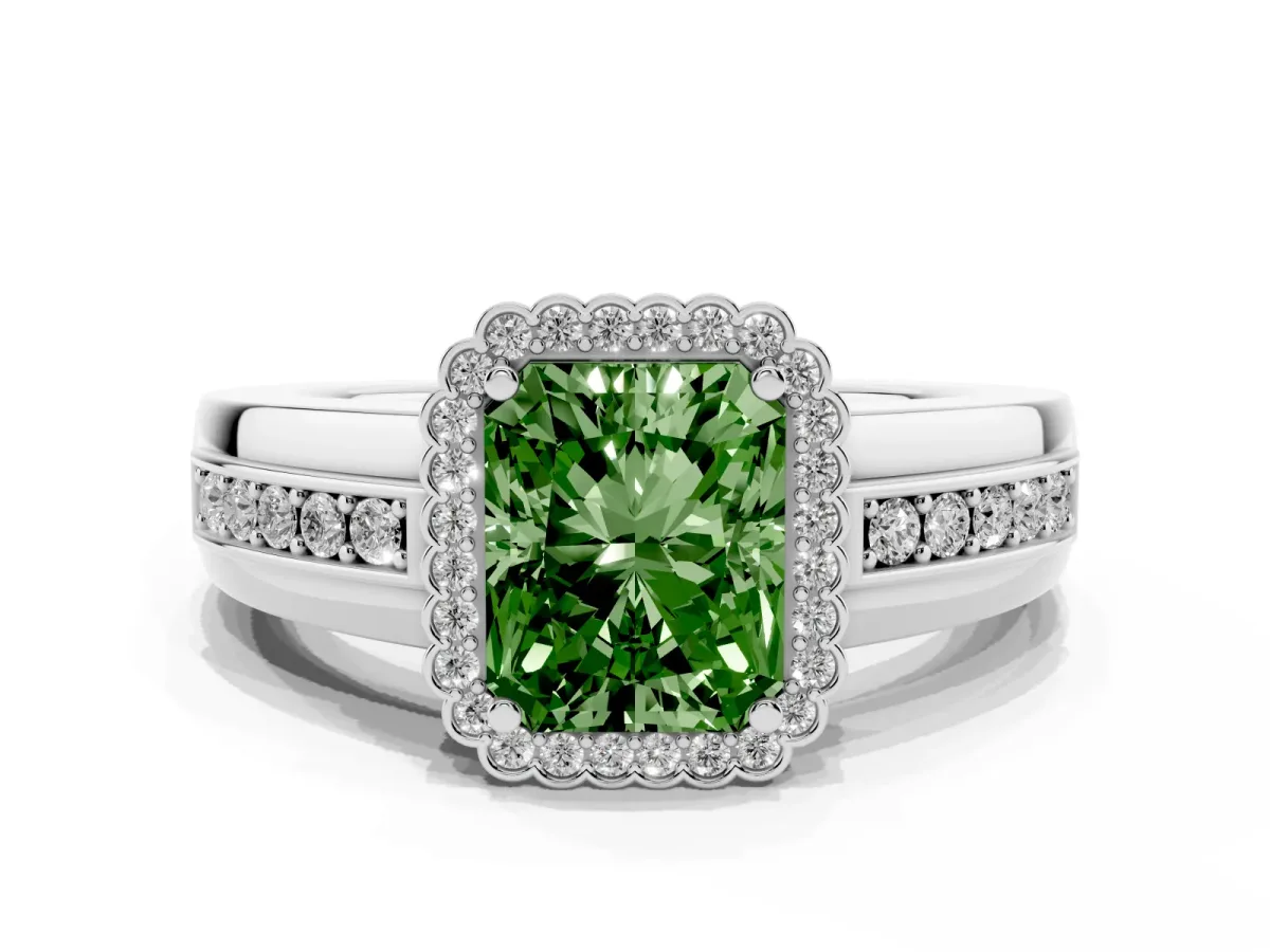 Fancy Green Radiant Cut Cut Halo Pave Band Four-Prong Ring Silver