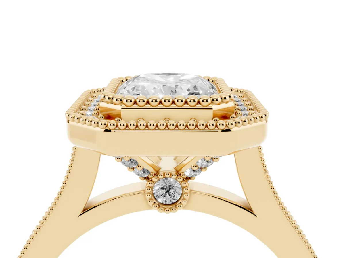 Radiant Cut Diamond Halo Ring with Milgrain Frame and Pavé Band Yellow gold