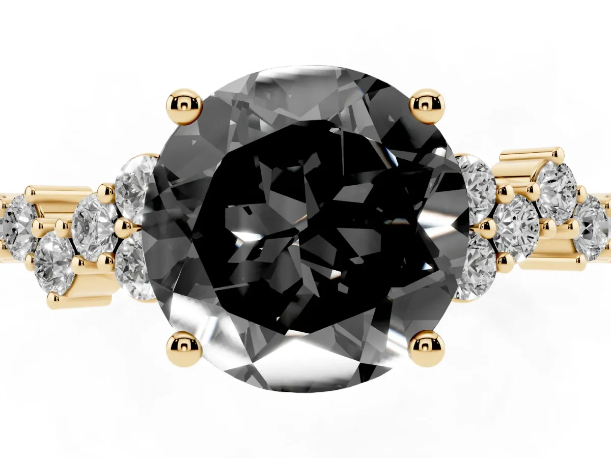 Fancy Black Round Cut Diamond Scattered Round Accent Ring with Prong Setting Yellow gold