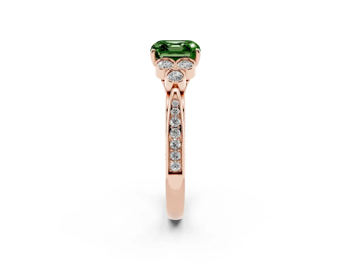 Fancy Green Asscher Cut Cut Diamond Engagement Ring with Bezel Set Round Side Stones and Prong Setting Rose gold