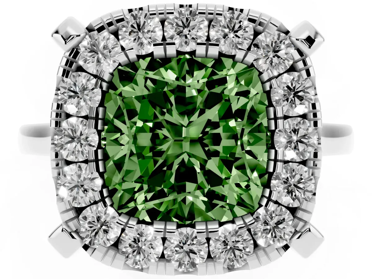 Fancy Green Cushion Cut Diamond Cluster Halo Solitaire with Four-Prong Setting Silver
