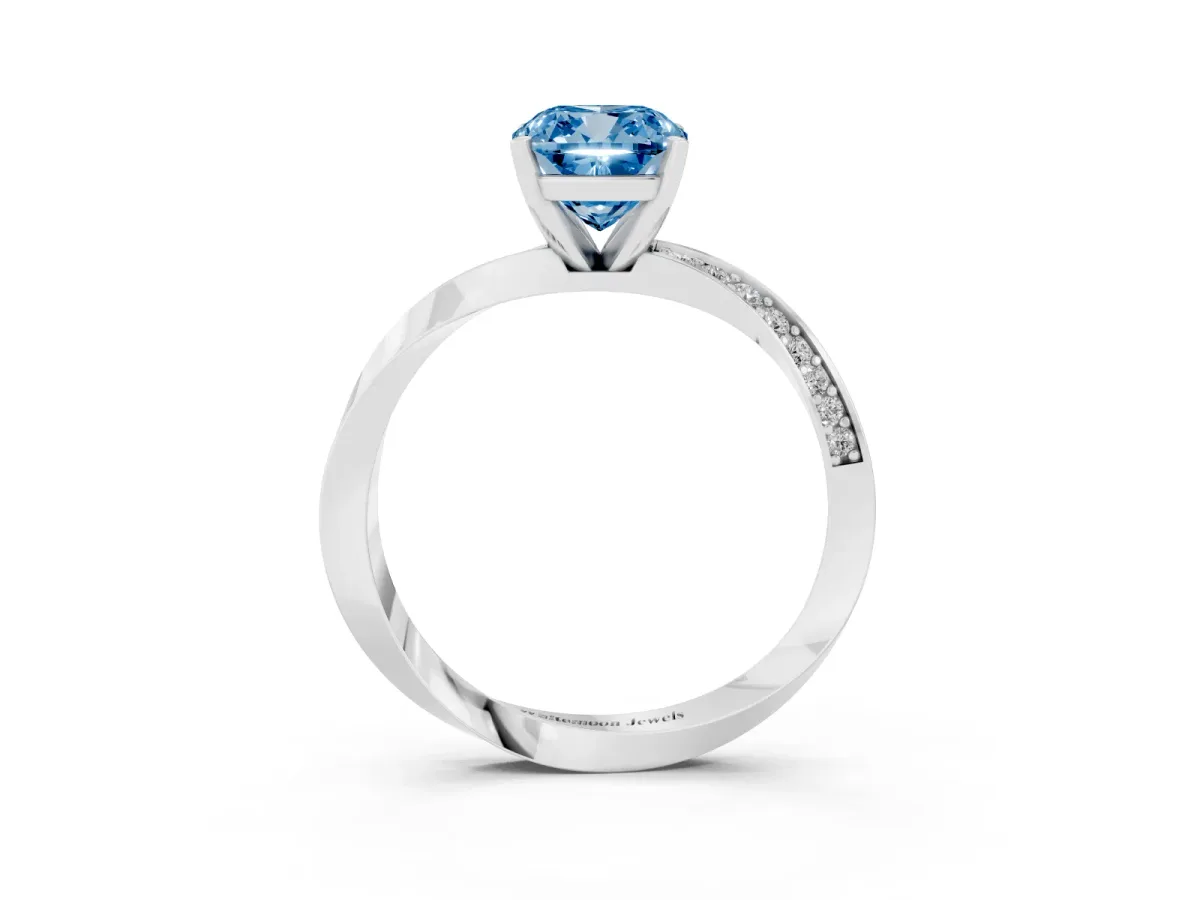 Fancy Blue Cushion Cut Diamond Engagement Ring with Side Stone Accents and Four-Prong Setting White gold