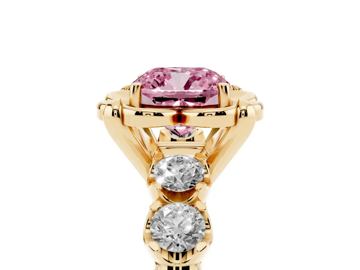 Fancy Pink Cushion Cut Cut Diamond Floral Halo Engagement Ring with Shared Prong Setting Yellow gold