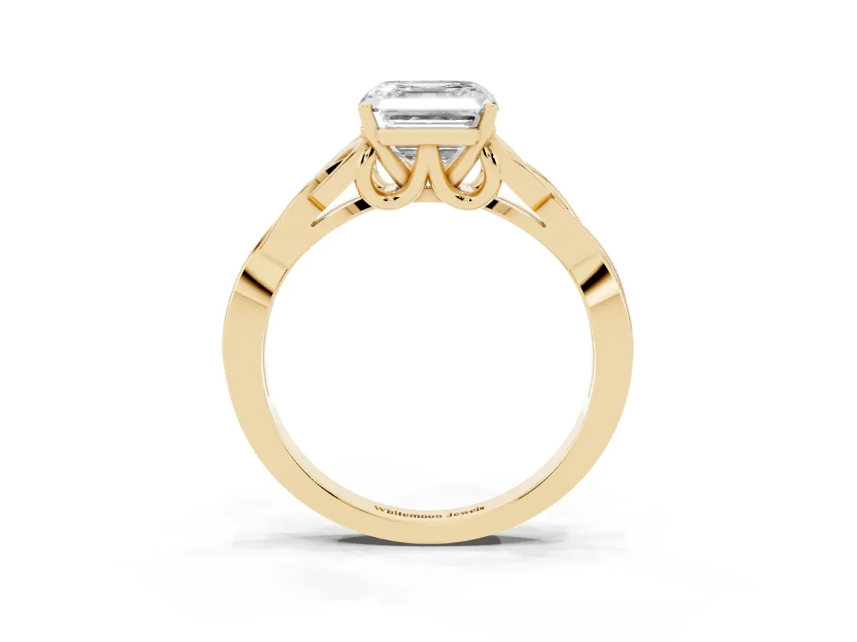Asscher Cut Diamond Solitaire Engagement Ring with Celtic Knot Band and Four-Prong Setting Yellow gold