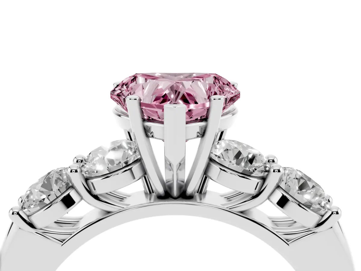 Fancy Pink Heart Cut Cut Five-Stone Prong Set Diamond Ring with Classic Band White gold