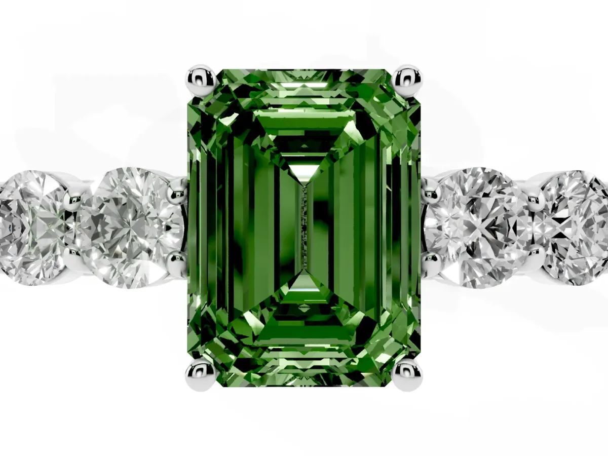 Fancy Green Emerald Cut Cut Diamond Five-Stone Prong Set White Gold Ring Silver