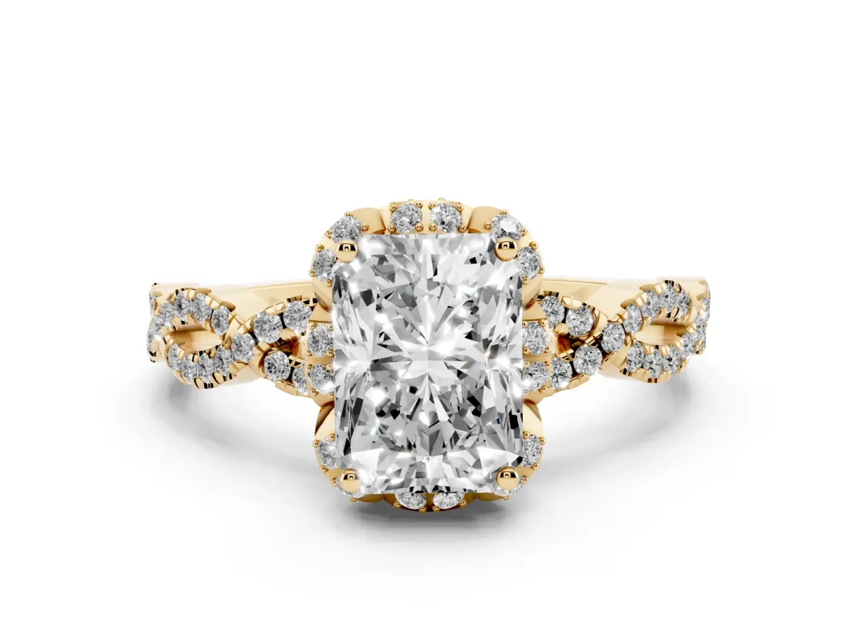 Radiant Cut Halo Twist Band Solitaire Ring with Six-Prong Setting Yellow gold
