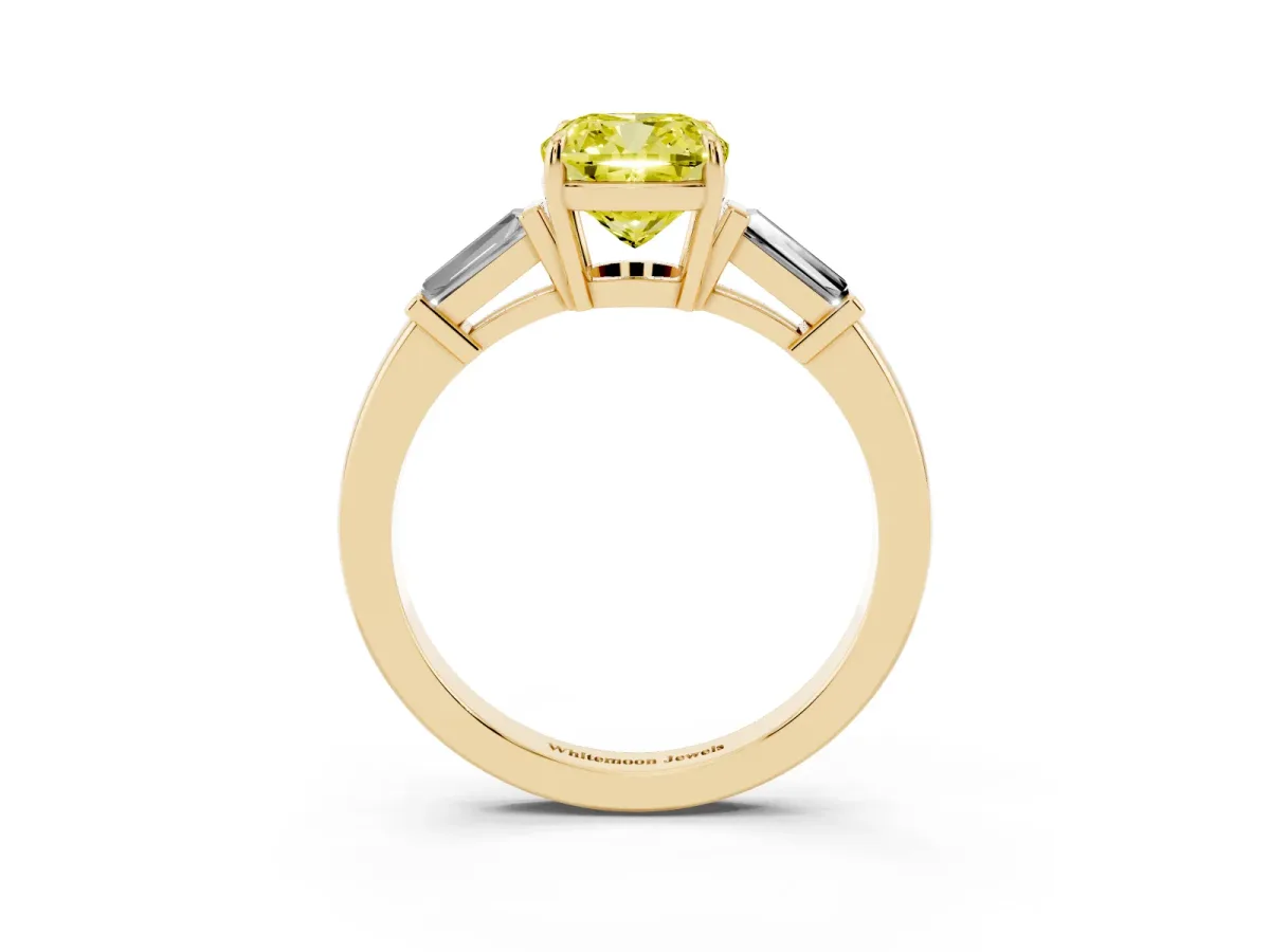 Fancy Yellow Cushion Cut Diamond Three-Stone Ring with Tapered Baguette Side Stones and Prong Setting Yellow gold