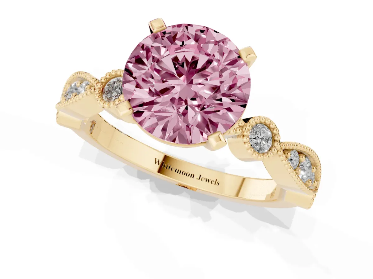 Fancy Pink Round Cut Milgrain Bezel Diamond Engagement Ring with Solitaire Prong Setting Yellow gold