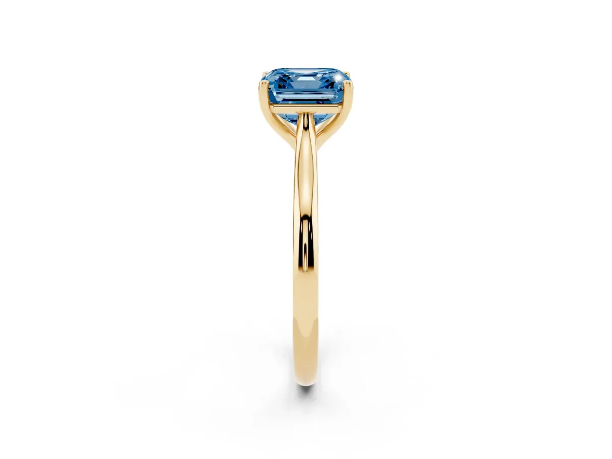 Fancy Blue Asscher Cut Cut Solitaire Ring with Cathedral Band and Four-Prong Setting Yellow gold