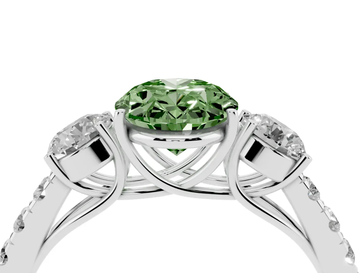 Fancy Green Oval Cut Cut Diamond Three-Stone Ring with Round Side Stones and Pavé Band Platinum