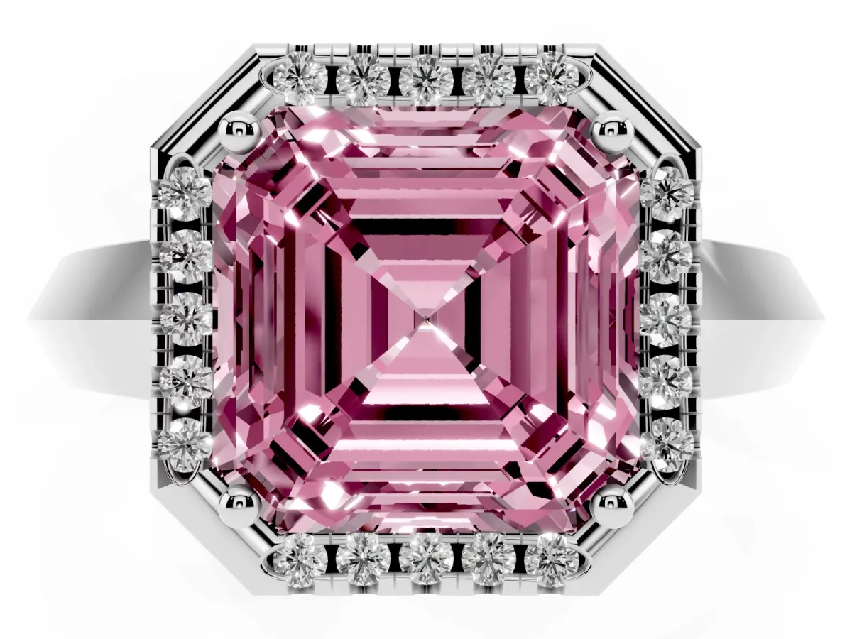 Fancy Pink Asscher Cut Halo Diamond Ring with Cathedral Band and Four-Prong Setting White gold