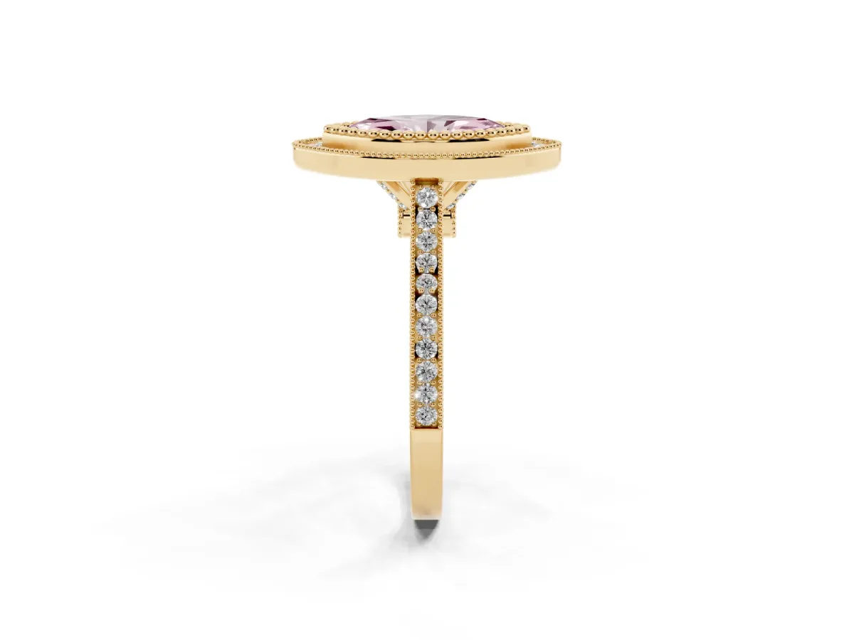 Fancy Pink Marquise Cut Diamond Halo Ring with Milgrain Frame and Pavé Band Yellow gold